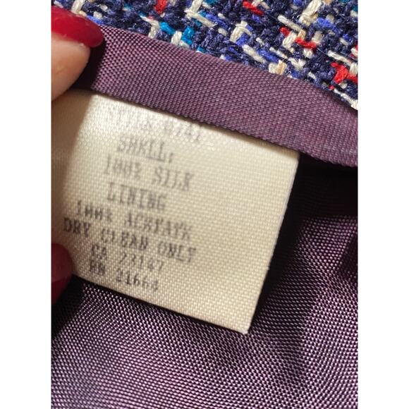 VTG 90s Talbots 100% Silk Bouclé Tweed Open Front Jacket Blue Red White Sz 8 USA - Picture 5 of 7